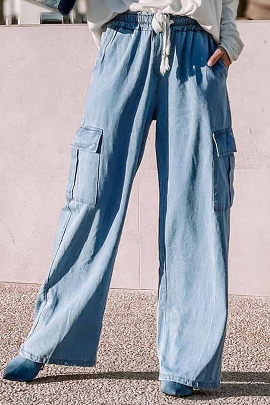 Flowy Wide Leg Jeans with Drawstring and Pockets