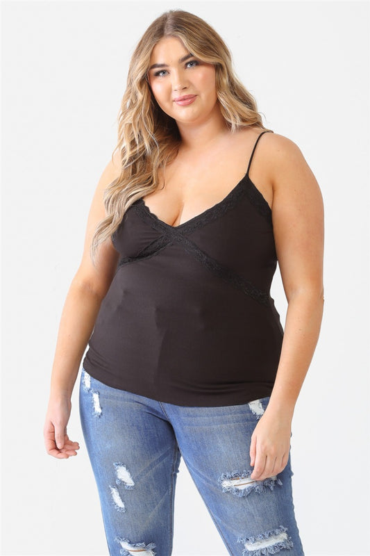 Plus Size V-Neck Cami with Lace Detail