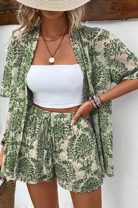 Moss Green Floral Print Open Front Top and Matching Shorts Set