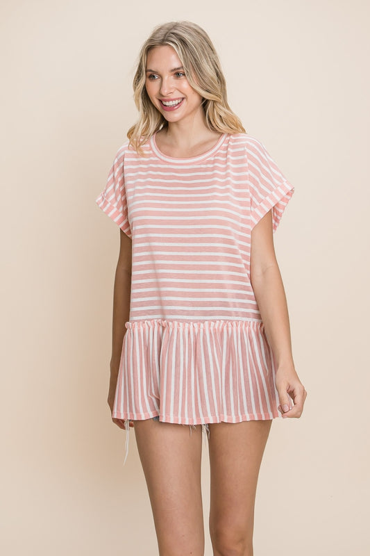 100 % Cotton Striped Ruffled Short Sleeve Top by Nu Label