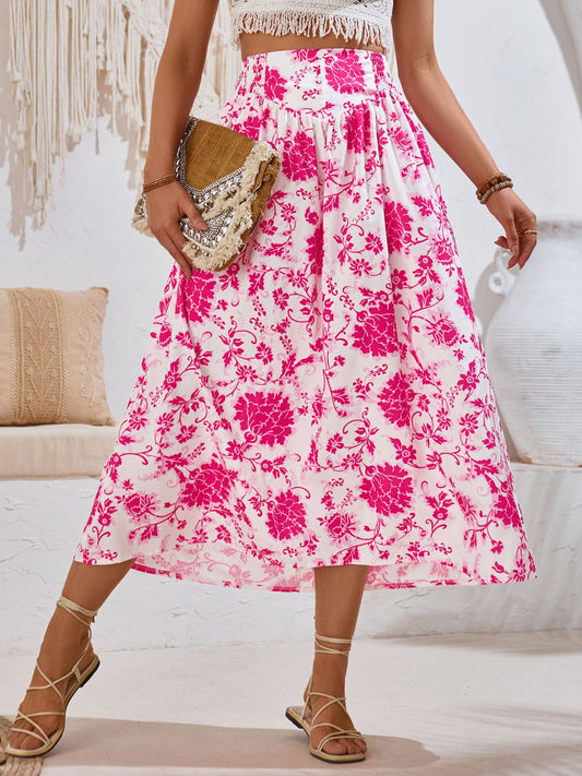Bohemian Chic Floral Print Midi Skirt with Elastic Waist