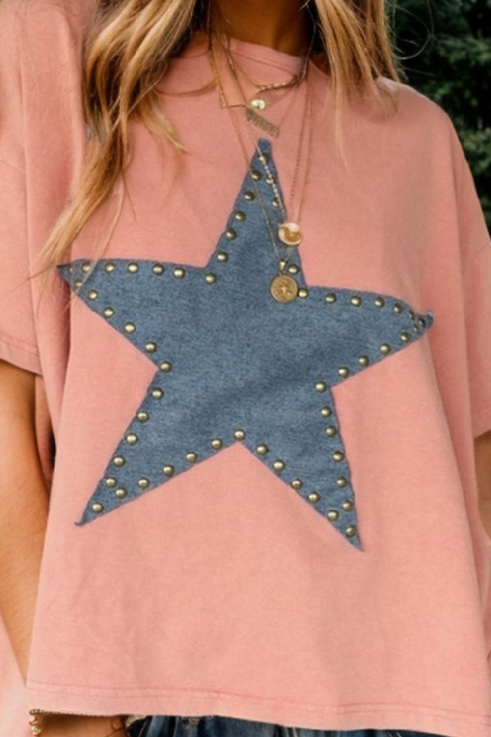 Trendy Round Neck Short Sleeve T-Shirt with Studded Star Detail