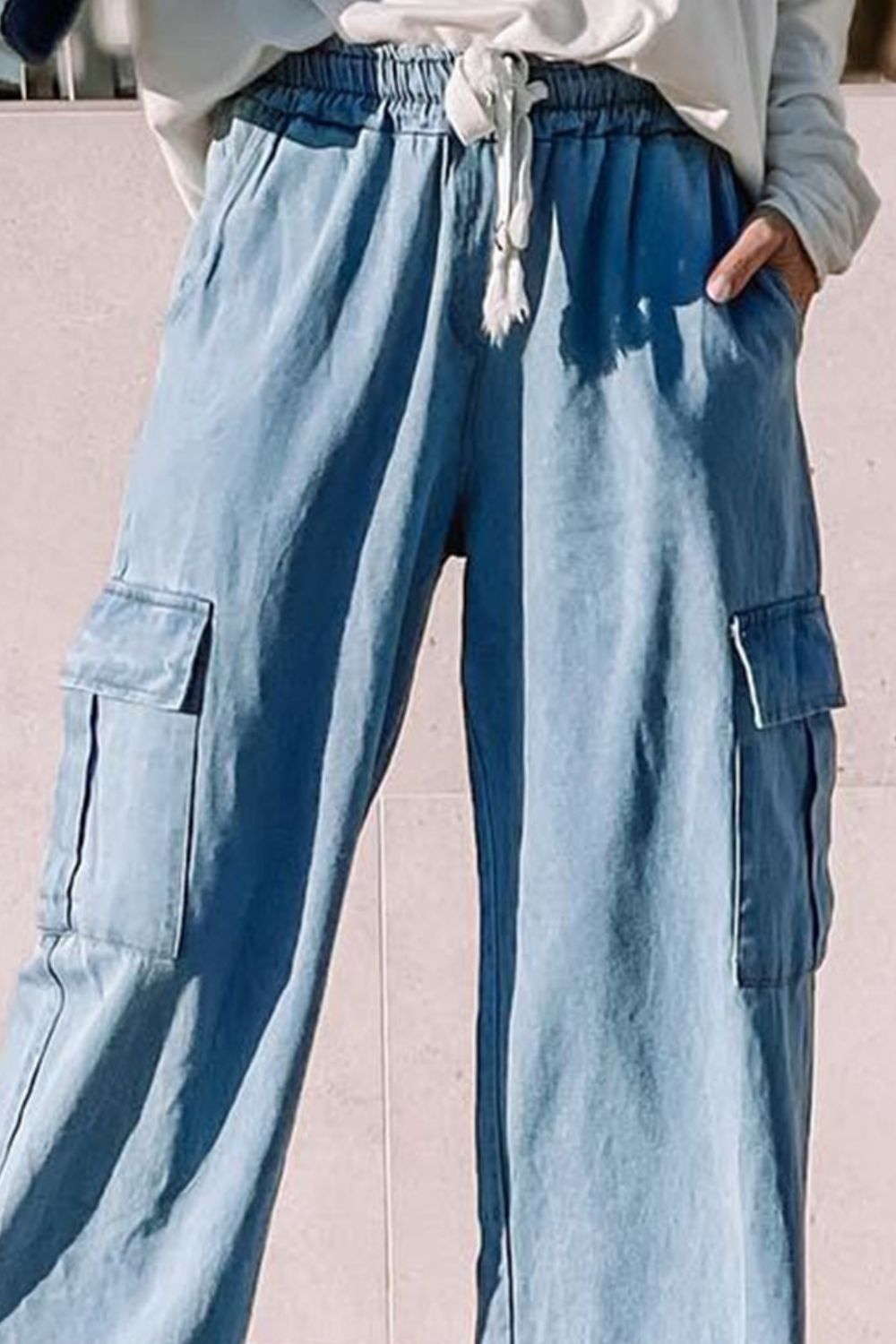 Flowy Wide Leg Jeans with Drawstring and Pockets