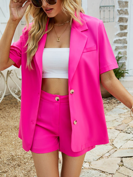 Bold Hot Pink Short Sleeve Blazer and Shorts Set