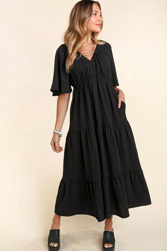 Versatile Tiered Babydoll Maxi Dress with Side Pocket by Haptics