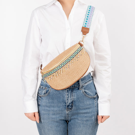Bohemian Chic Straw Weave Crossbody Bag with Colorful Bead Trim