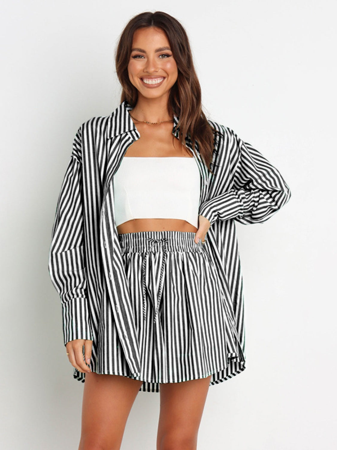 Classic Striped Dropped Shoulder Shirt with Matching Shorts Set