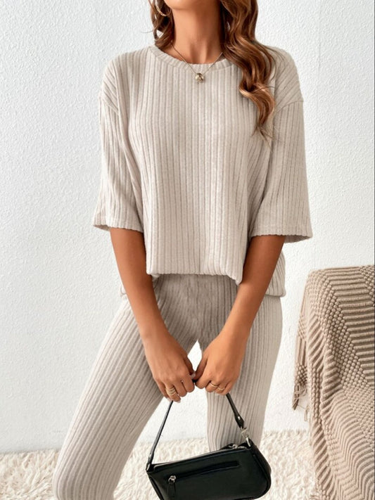 100% Cotton Lounge Set with Cozy Ribbed Top & Matching Pants