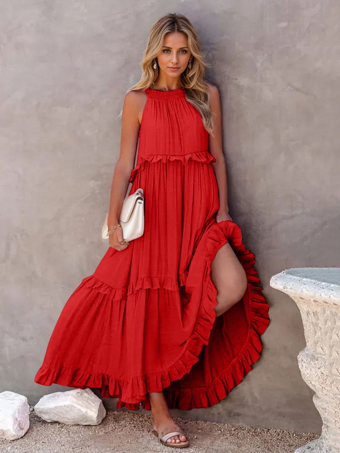 Graceful Sleeveless Maxi Dress with Flowy Ruffled Tiers and Pockets
