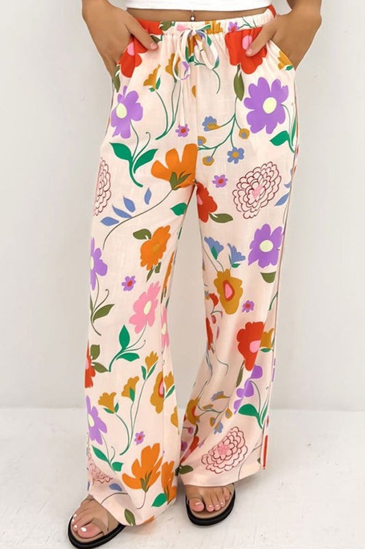 Cute Vivid Floral Printed Drawstring Pants with Pockets