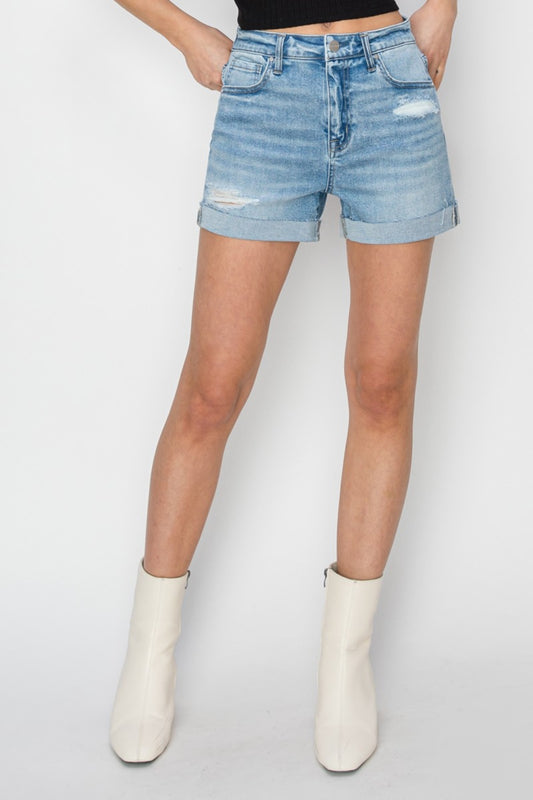 Light Wash Distressed Mid-Rise Jean Shorts by Risen
