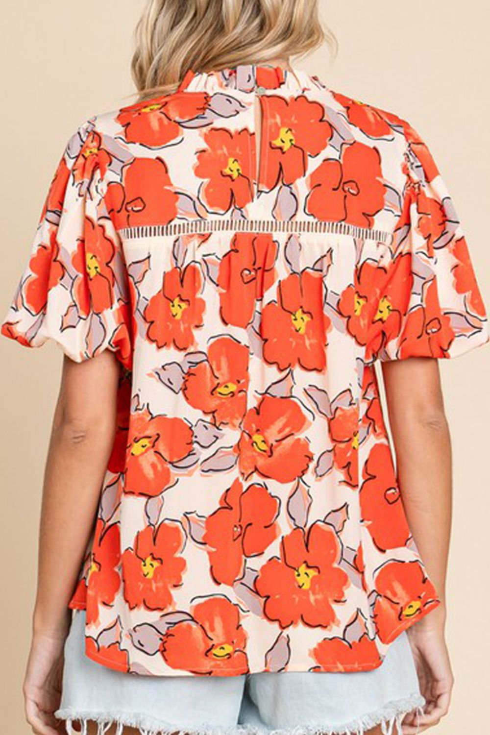 Fashionable Poppy Flower Printed Short Sleeve Blouse with Round Neck