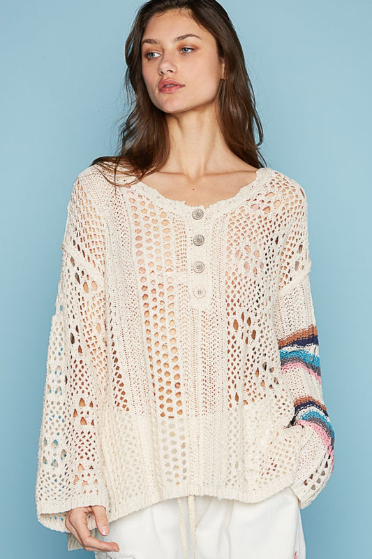 Stylish Long Sleeve Knit Cover Up with Striped Sleeve Detail by Pol