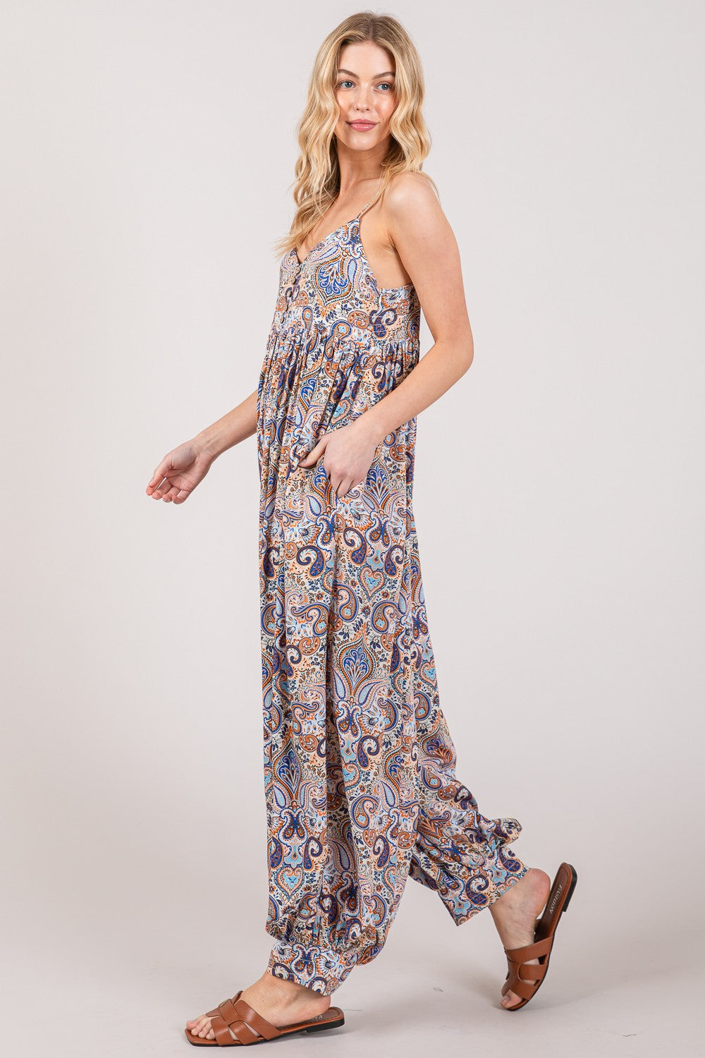 Pretty Full Size Multicolor Paisley Print Sleeveless Jumpsuit by Sage + Fig