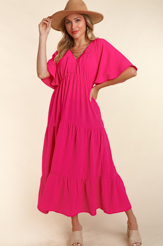 Bold Hot Pink Tiered Babydoll Maxi Dress with Side Pocket by Haptics