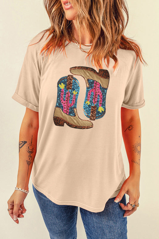 Colorful Sequin Cowgirl Boots Graphic Short Sleeve T-Shirt