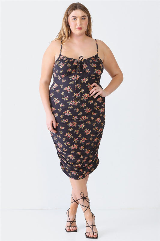 Pretty Plus Size Ruched Floral Cami Dress with Square Neck