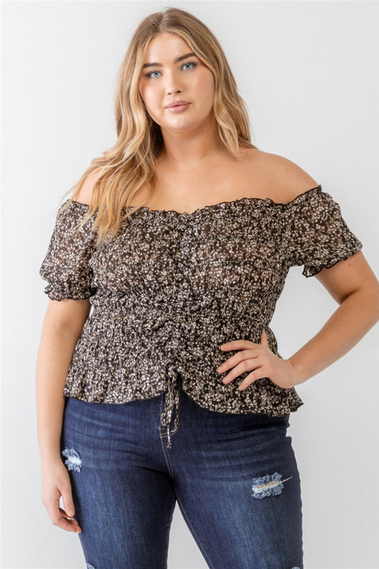 Flirty Plus Size Frill Ruched Off-Shoulder Short Sleeve Blouse