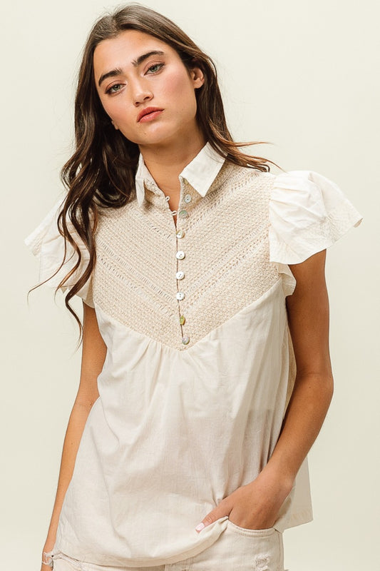 Bohemian Chic Half Button Collared Neck Short Sleeve Top by BiBi