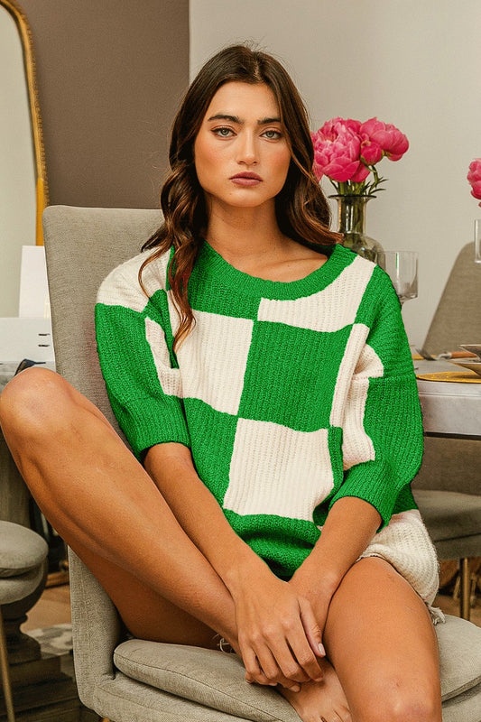 Stylish Checkered Contrast Sweater with Round Neck by BiBi