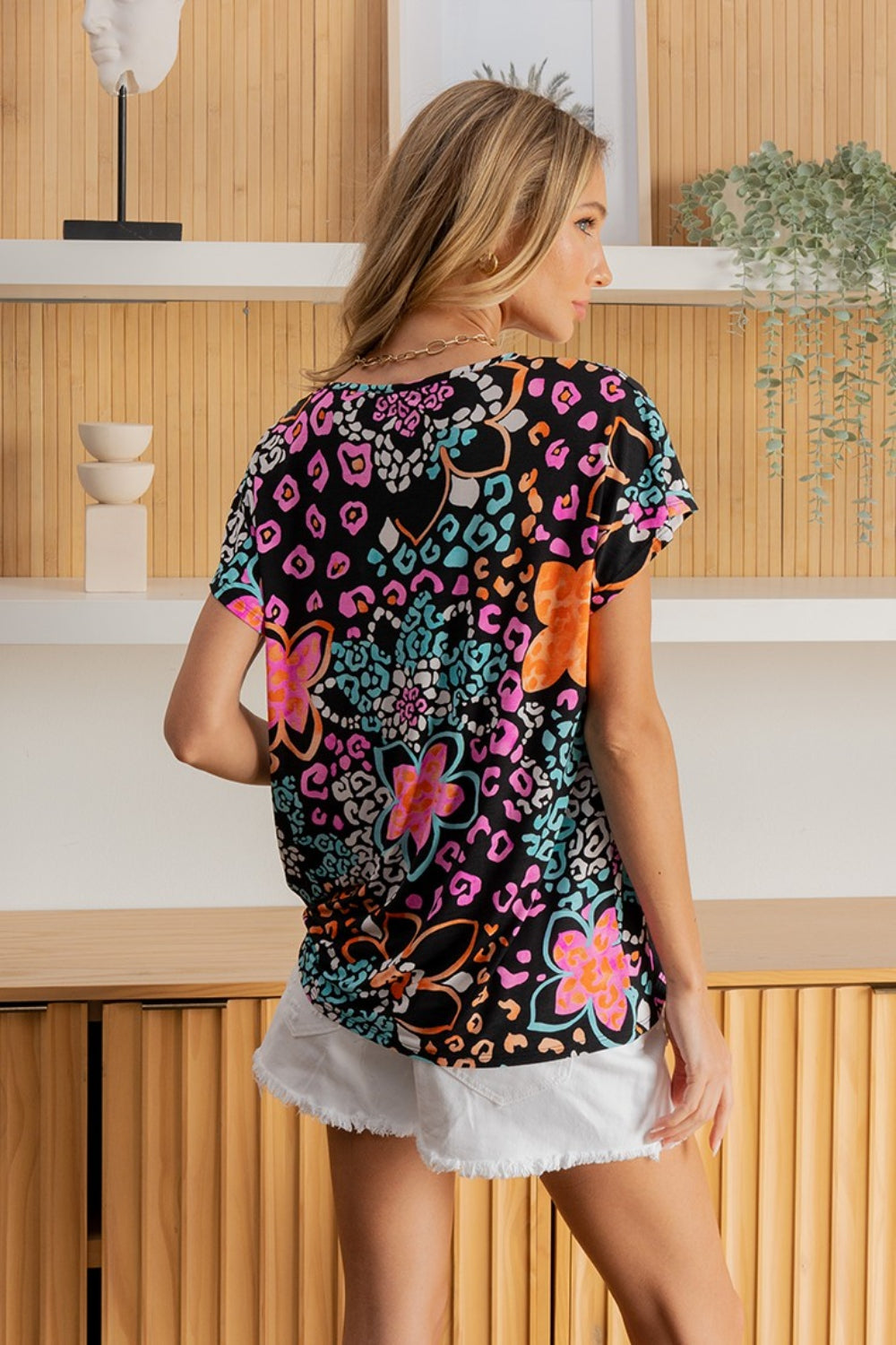 Full Size Bold Neon Floral Printed Short Sleeve Top by Sew In Love