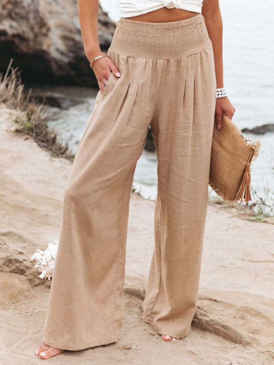 Casual Wide Leg Pants with Smocked Waist - Full Size