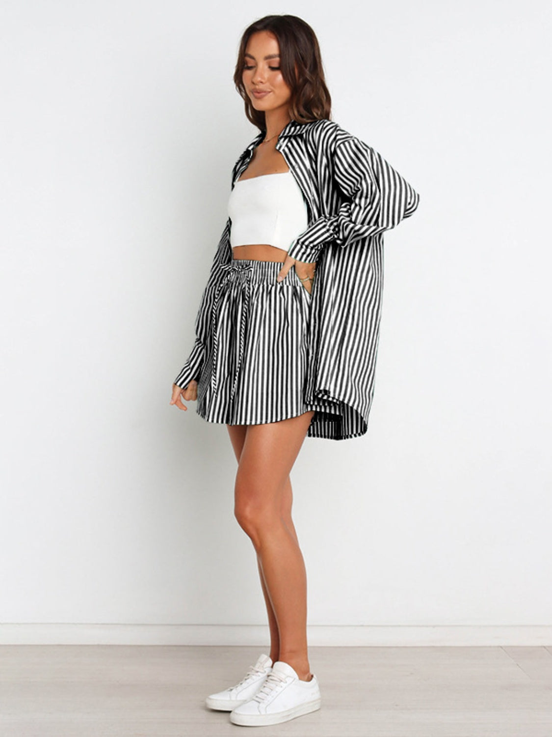 Classic Striped Dropped Shoulder Shirt with Matching Shorts Set