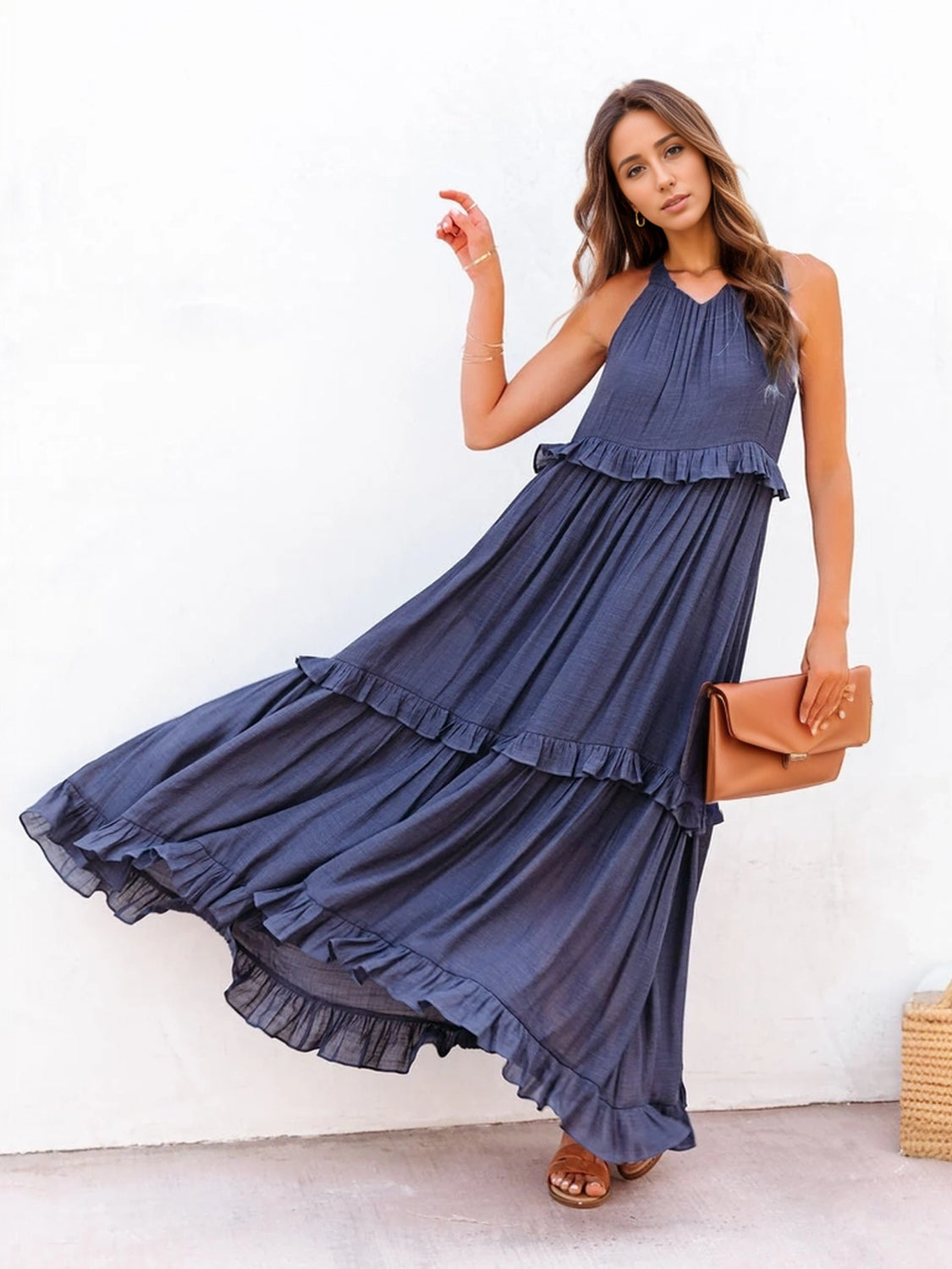 Graceful Sleeveless Maxi Dress with Flowy Ruffled Tiers and Pockets