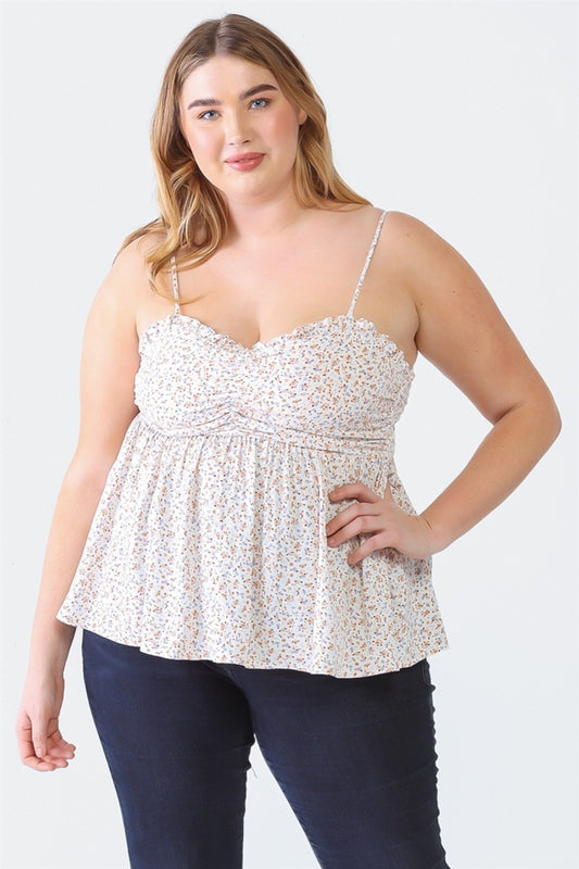 Charming Plus Size Frill Smocked Floral Sweetheart Neck Cami