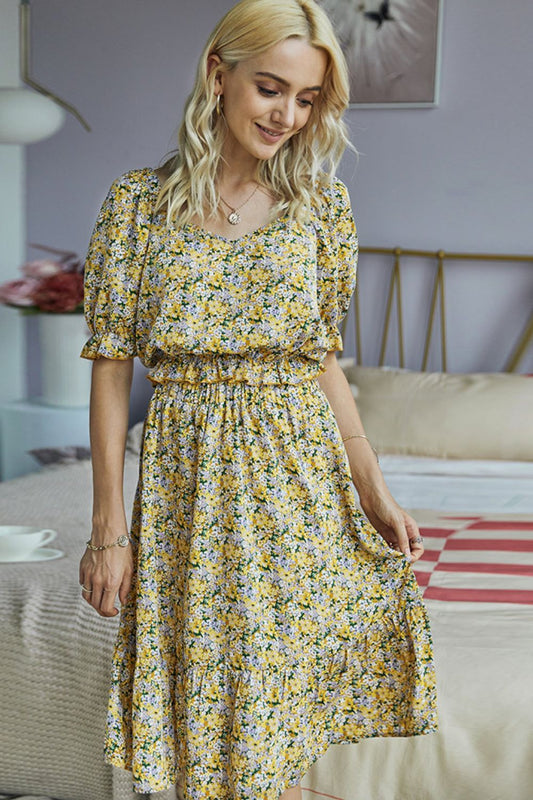 Delicate Floral V-Neck Flounce Sleeve Top and Skirt Set