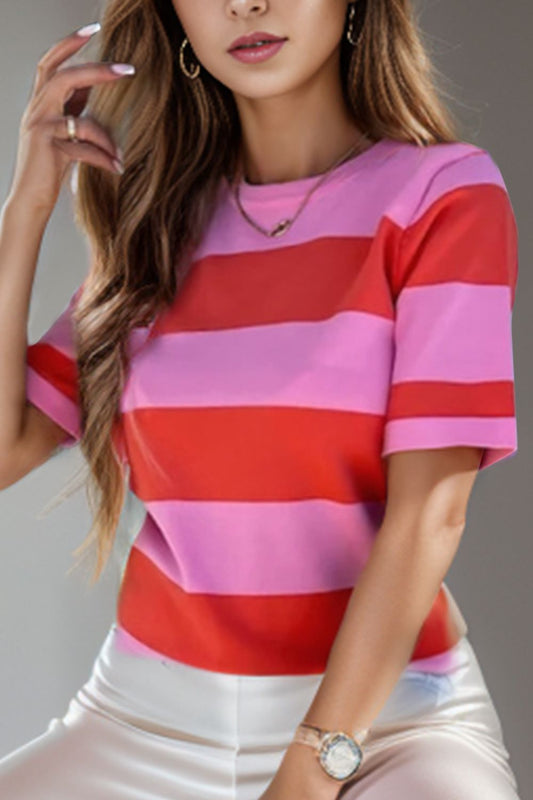 Pink & Red Color Block Short Sleeve T-Shirt with Round Neck