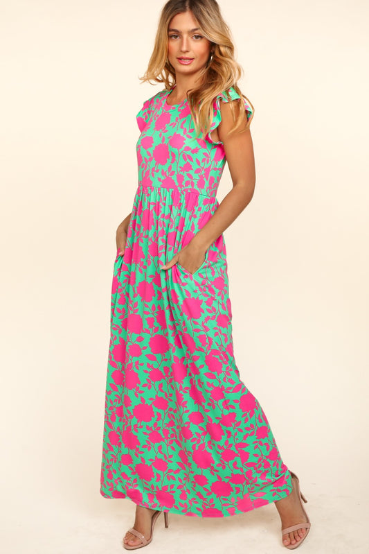 Vibrant Floral Print Ruffled Cap Sleeve Dress by Haptics