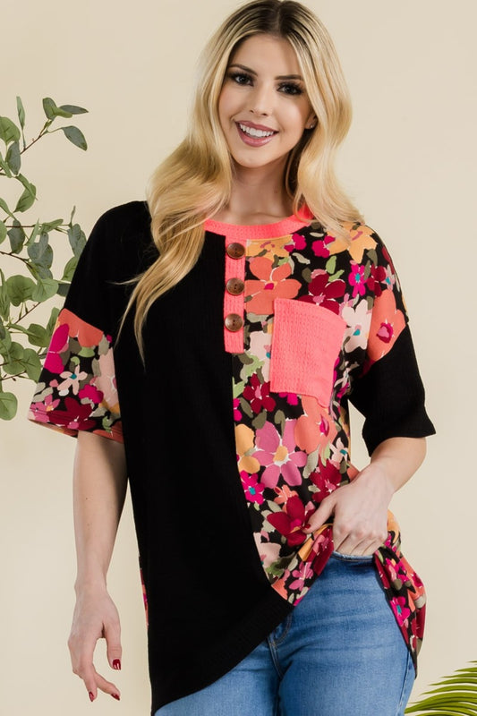 Floral T-Shirt with Vibrant Color-Block Design by Celeste