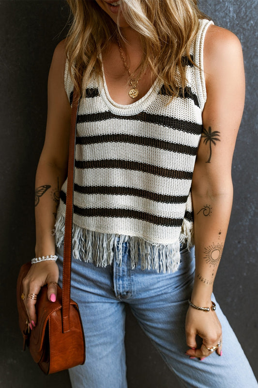 Trendy Black and White Striped Scoop Neck Tank Top with Fringe