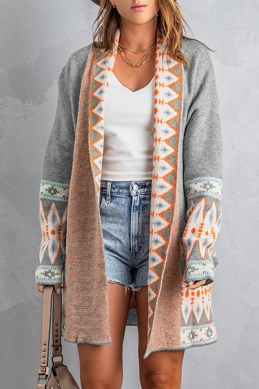Stylish Multicolored Geometric Patterned Open Front Cardigan