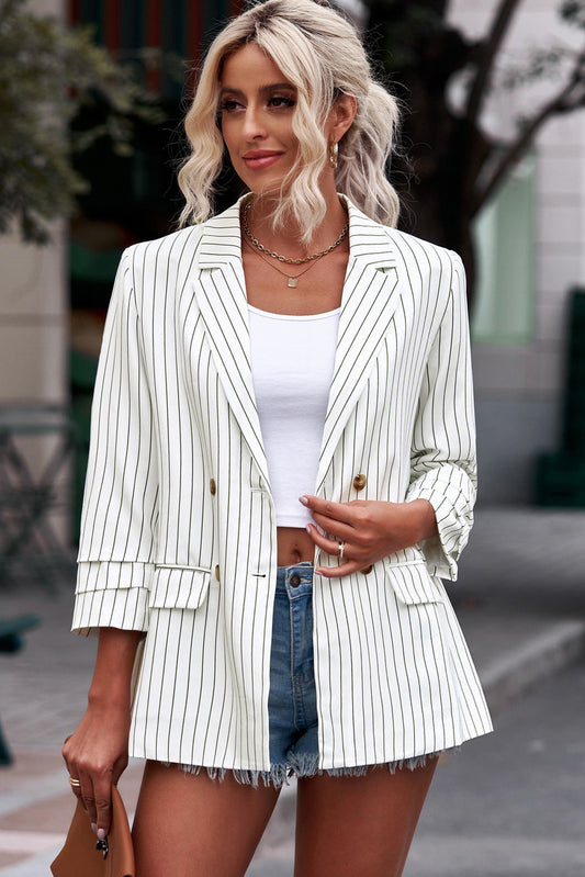 Classic Striped Double-Breasted Long Sleeve Blazer
