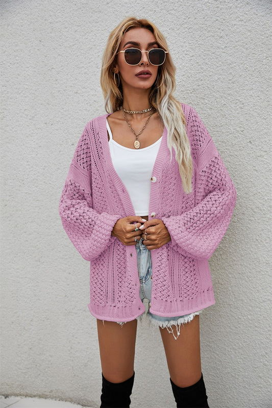 Chic V-Neck Openwork Long Sleeve Button Up Cardigan