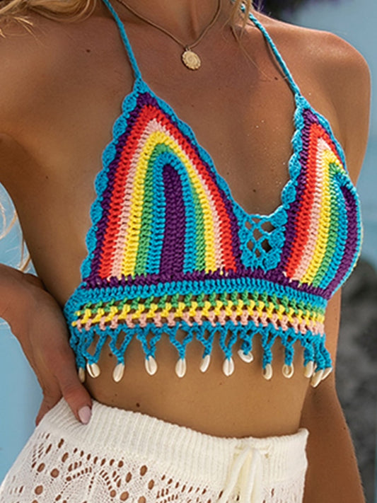Festival Ready Rainbow Contrast Halter Top with Shell Fringe Detail